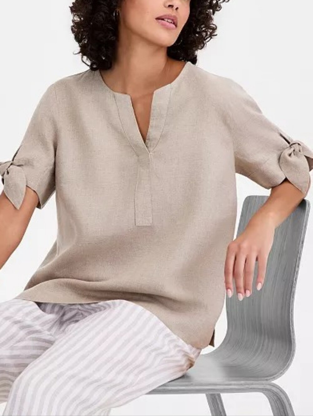 Charter Club Luxury Linen Split Neck Tie Cuff Top Beige XL Coastal Grandma